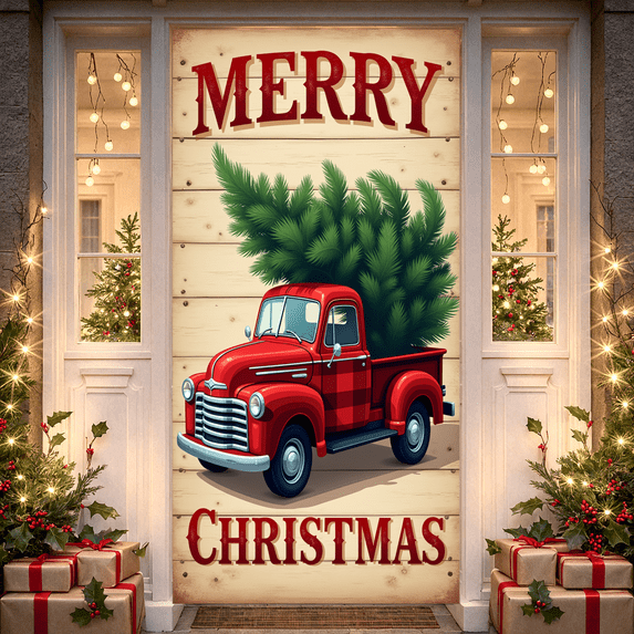 Vintage Red Truck Christmas Tree Merry Christmas Banner for Holiday Party Home Decoration Winter Festival