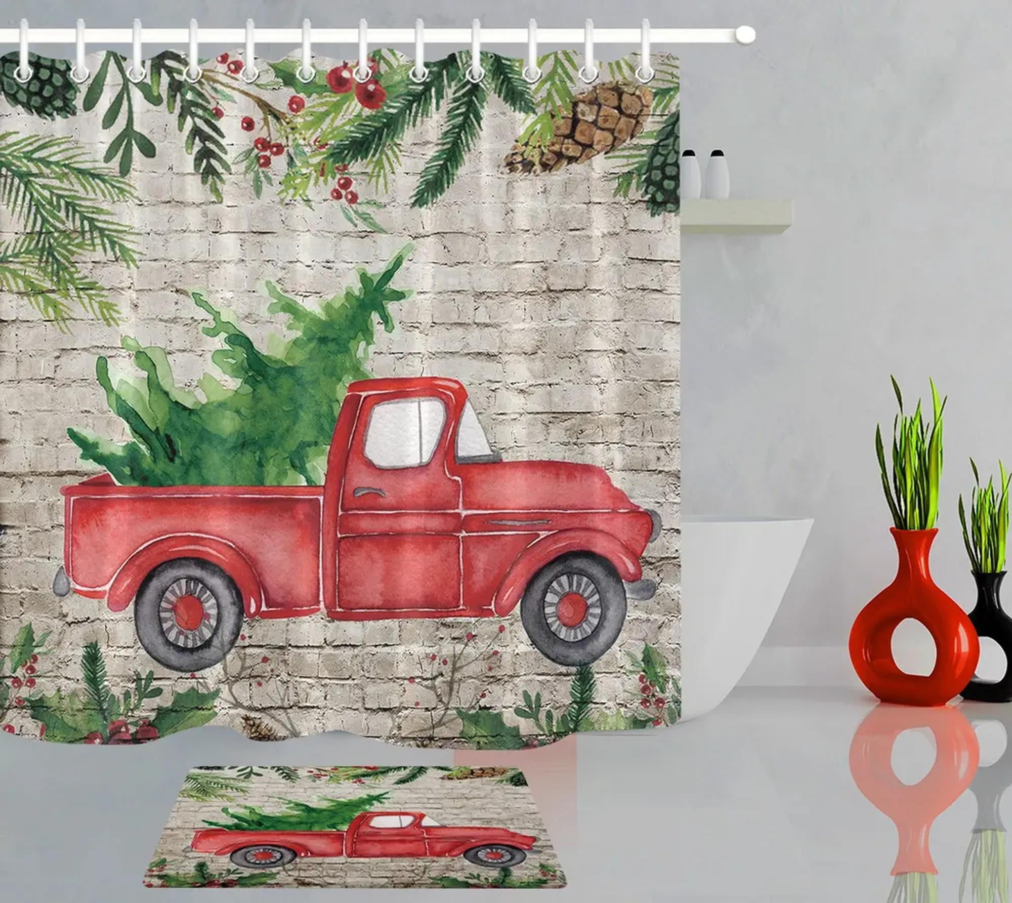 Vintage Red Truck Christmas Tree Shower Curtain Set Festive Bathroom