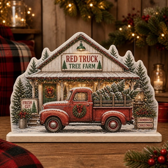Vintage Red Truck Christmas Wooden Block for Farmhouse Holiday Decor