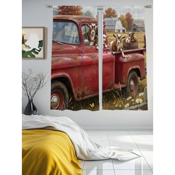 Vintage Red Truck Farm Sheep Sheer Curtains 2 Panels Set Pastoral Wild Flower Lihgt Filtering Rod Pocket Voile Drape,Semi Sheer Window Curtains for Bedroom Living Room,52"x63"