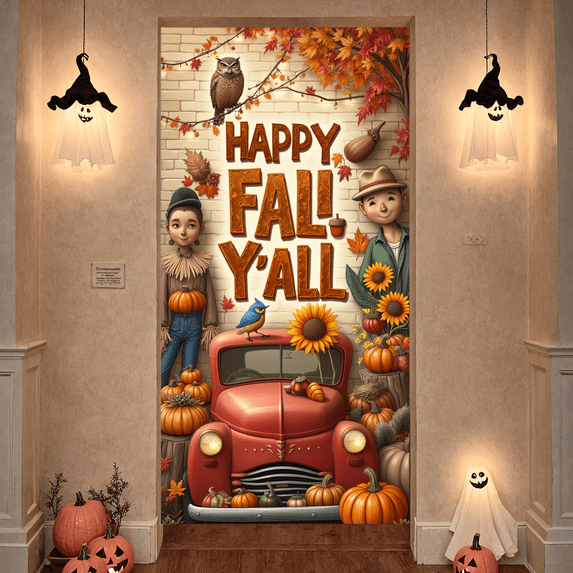 Vintage Red Truck Happy Fall Banner Autumn Leaves Owl Pumpkins for Thanksgiving Decor Farmhouse Decoration Seasonal Party
