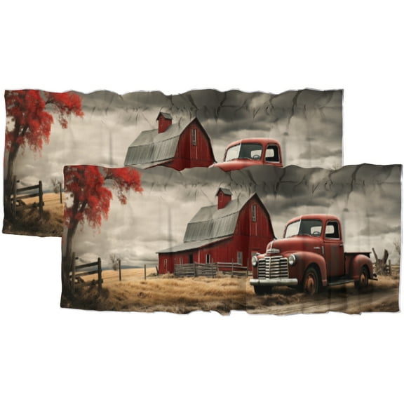 Vintage Red Truck Kitchen Valance Curtain Rod Pocket Farmhouse Old Barn Rustic Country Farm Truck Window Treatment Valance Curtains for Bathroom 54 by 18 in, 2 Panel