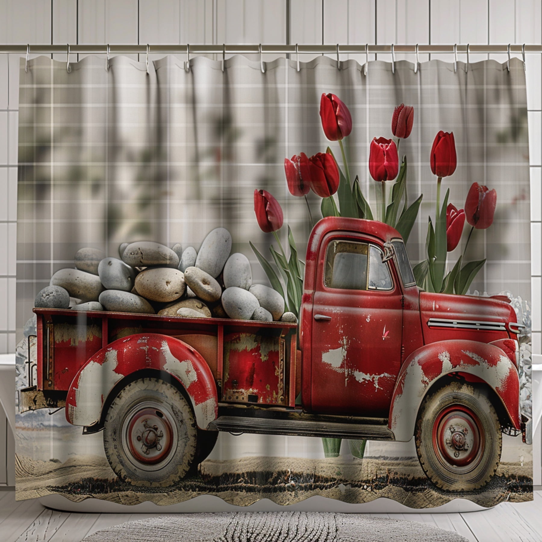 Vintage Red Truck Shower Curtain Country Style Bathroom Decor with