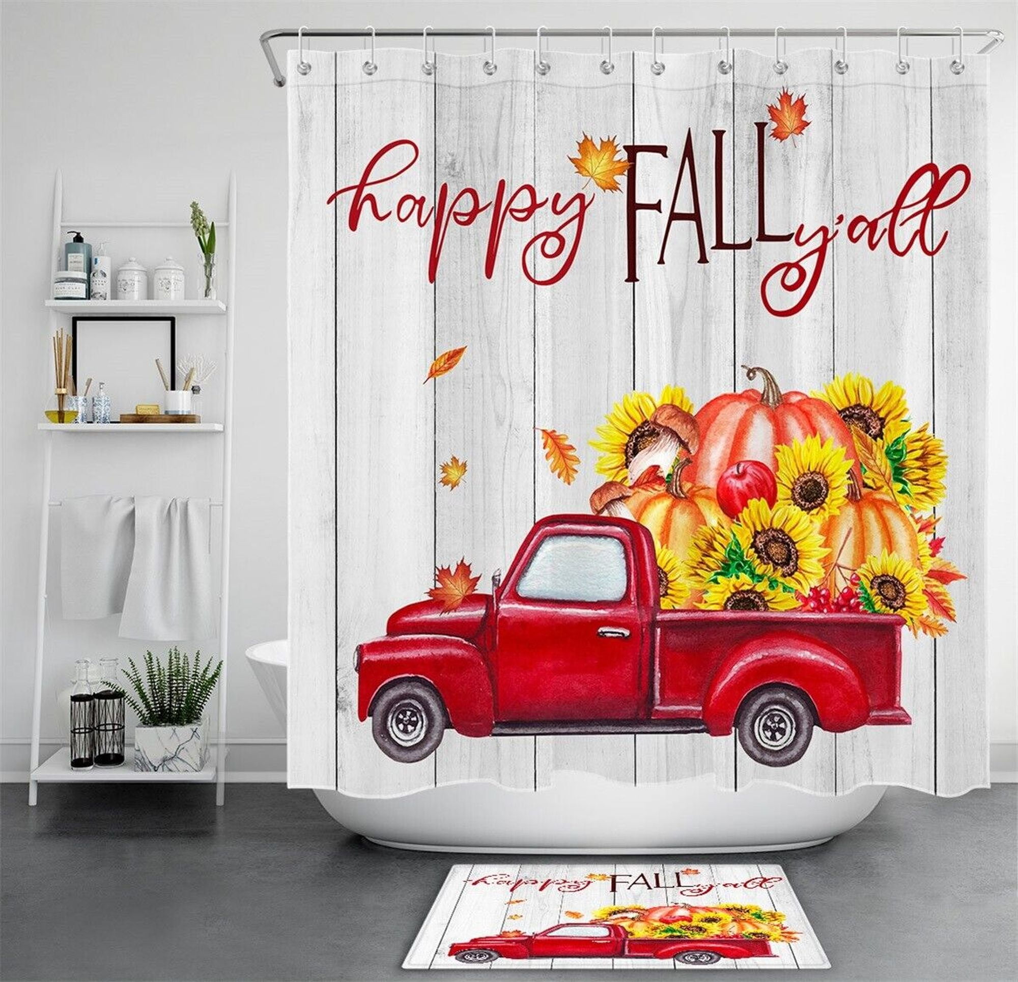 Vintage Red Truck Shower Curtain Rustic Wood Plank Bathroom Decor