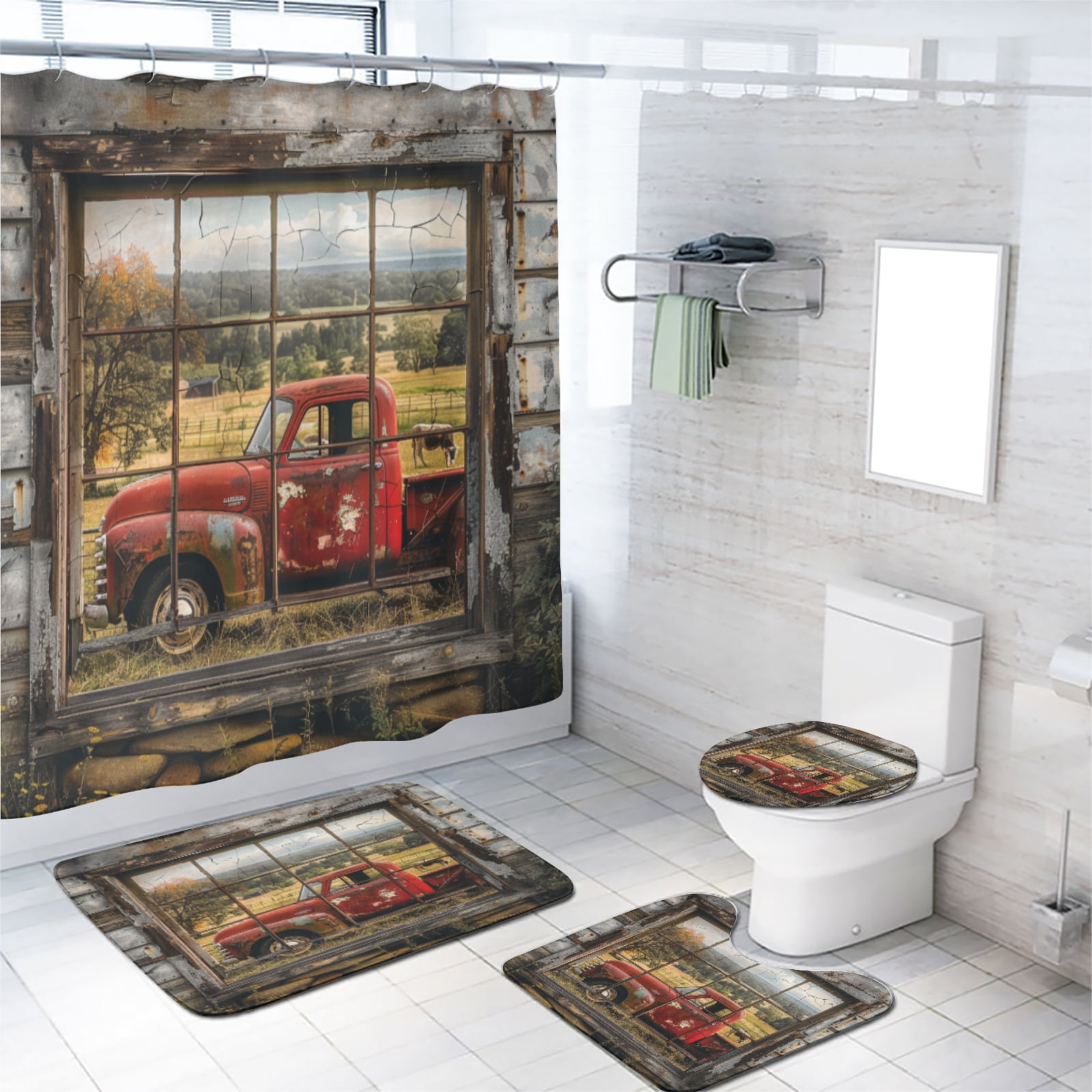 Vintage Red Truck Shower Curtain Sets with Rugs 4 Piece Farmhouse Old Barn Door Retro Country Cow Rustic with 12 Hooks, Bath Mat Set Bathroom Decor by Durable Waterproof Fabric, 72x72 Inch