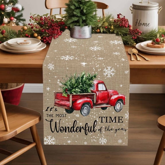 Vintage Red Truck Table Runner 13x36in Non-Slip Cotton Linen Table Runners, Snowflakes on Linen Dresser Scarves TableRunner for Dinner Kitchen Dining Wedding Party