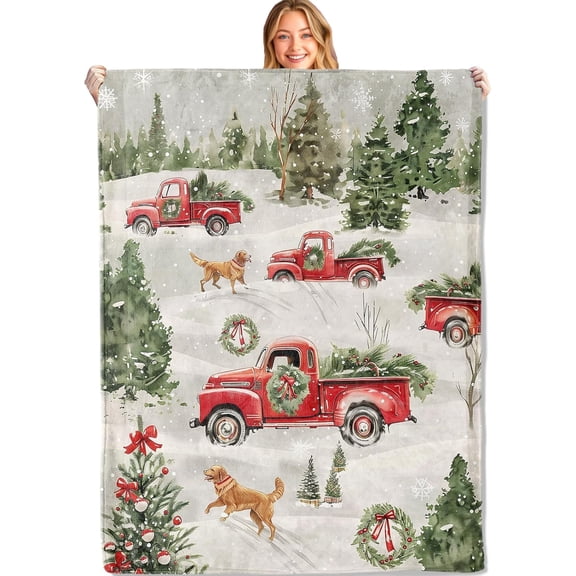 Vintage Red Truck Throw Blanket 40x50in Soft Lightweight Flannel, Christmas Plant Pine Tree Retriever Snowflake Blankets - Gifts for Adult, for Couch Office Travel Home Living Room Party Decor