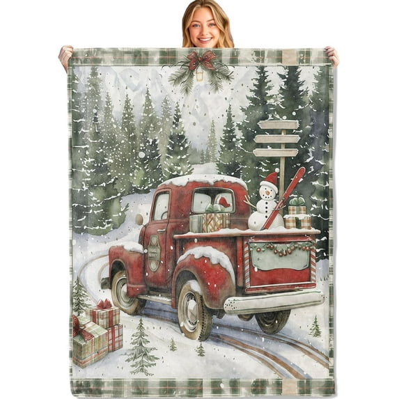 Vintage Red Truck Throw Blanket 60x80in, Soft Lightweight Flannel, Christmas Forest Plant Box Snowman Pine Tree Blankets - Gifts for Adult, for Couch Office Travel Home Living Room Party Decor