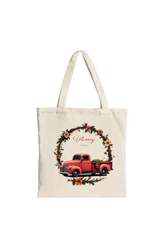 Vintage Red Truck Tote Bag with Floral Wreath Cream Canvas Elegant Cursive ' Delaney ' & ' PHACE ' Perfect for Shopping & Travel