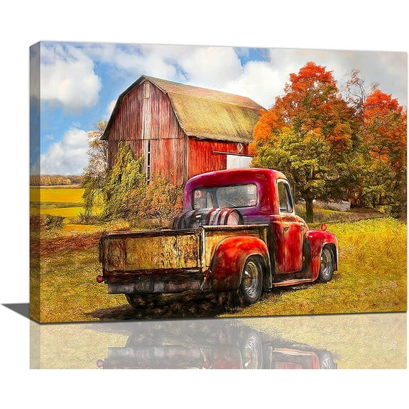 Vintage Red Truck Wall Art Rustic Red Barn Pictures Wall Decor Country Old Truck Painting Farmhouse Canvas Prints Modern Artwork Framed Home Decor for Kitchen Bathroom Bedroom Living Room 16"x12"