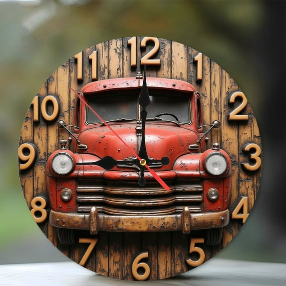 Vintage Red Truck Wall Clock with Rustic Wood Accent 10-Inch Silent Wooden Wall Clock, Battery Operated (AA Batteries Not Included), Artistic Home Decor