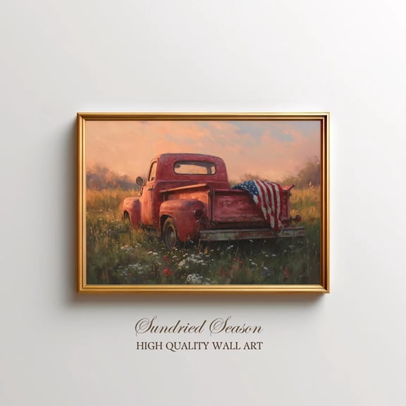 Vintage Red Truck With American Flag Art Print, Rustic Patriotic Wall Decor, Classic Country Landscape Poster, UNFRAMED