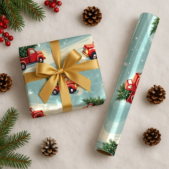 Vintage Red Truck With Tree Christmas Wrapping Paper Rolls, Vintage Red Truck With Tree Holiday Gift Wrapping Paper Merry Christmas