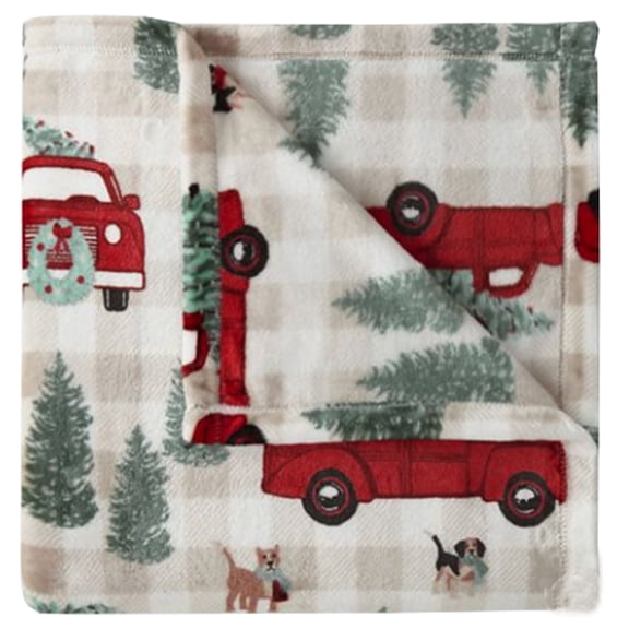 North Pole Trading Red Truck Dogs Throw Blanket 50 x 60 inches Grey Buffalo Plaid Velvet Plush Adults