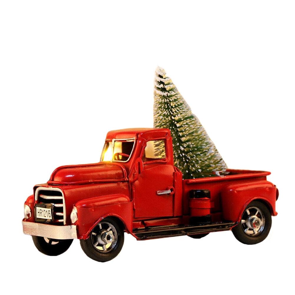 Vintage Red Truck with Christmas Tree, Metal Pickup Truck Car Model ...