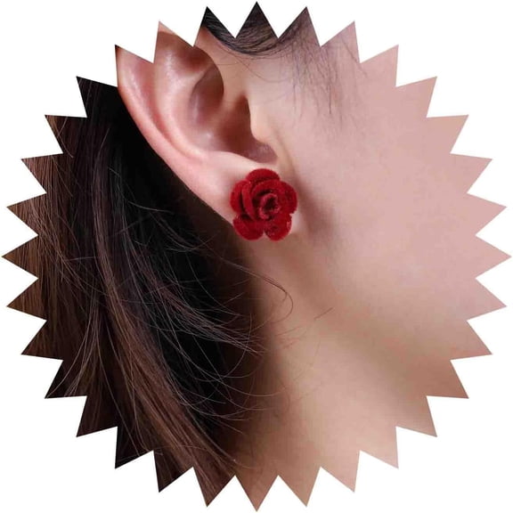Vintage Red Velvet Rose Earrings Burgundy Velvet Rose Stud Earring Tiny Red Earring Small Flower Earrings Jewelry for Women