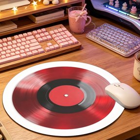 Vintage Red Vinyl Record Texture Round Mouse Pad, 2D Printed Mat for Office Gaming (8.66in), Desktop Decor & Festival Gift