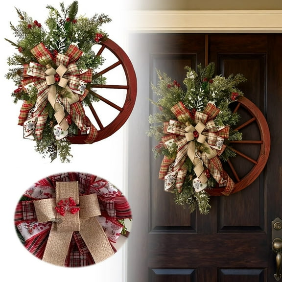 Vintage Red Wagon Wheel Christmas Wreath, 15.7 Inch Farmhouse Holiday Decor with Pine Cones & Berry Clusters, Rustic Xmas Wreath for Front Door, Wall, and Porch
