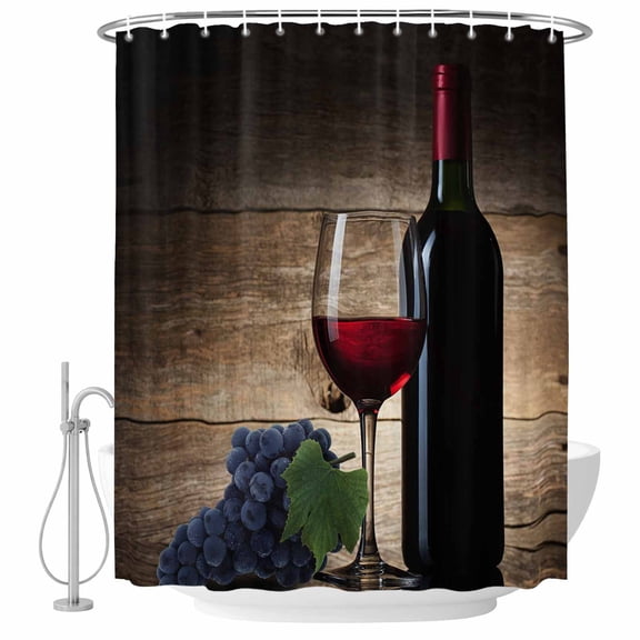 Vintage Red Wine Glass Bathroom Shower Curtains with Hooks, Purple Grapes Brown Wood Grain Farms Waterproof Fabric Washable Shower Curtain for Home Hotel Bathtub Decor 36x72 Inch