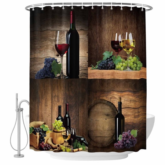 Vintage Red Wine Glass Bathroom Shower Curtains with Hooks, Purple Green Grapes Brown Wood Grain Farms Waterproof Fabric Washable Shower Curtain for Home Hotel Bathtub Decor 60x72 Inch