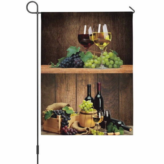 Vintage Red Wine Glass Garden Flag 12 x 18 Inches, Purple Green Grapes Brown Wood Grain Farms Weather Proof Outdoor Patio Flags Double Sided Small Garden Decoration for Yard Outside Home