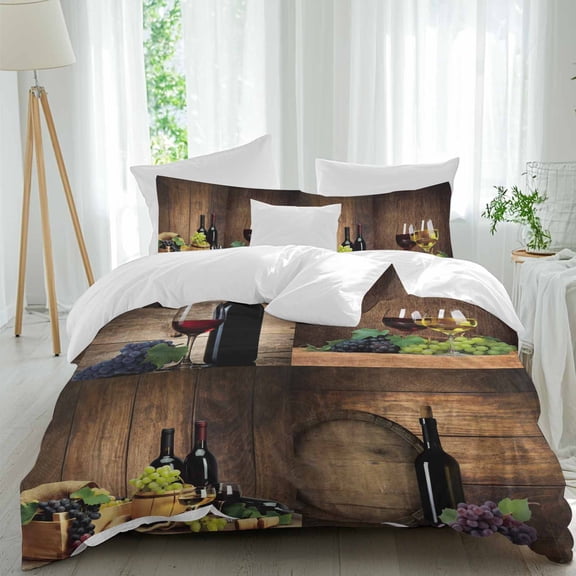 Vintage Red Wine Glass Queen Size Comforter Set, Purple Green Grapes Brown Wood Grain Farms Bedding for All Seasons, 4 Pcs Bed Set, 1Quiltcover (90"x92") ,1Sheet(94"x116"), 2Pillowcases (30"x20")