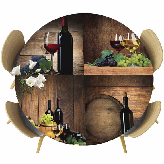 Vintage Red Wine Glass Round Fitted Tablecloth with Elastic Edge, Purple Green Grapes Brown Wood Grain Farms Stretch Table Covers for 45"-54" Tables Wipeable Table Cloth for Outdoor