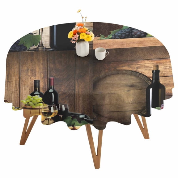 Vintage Red Wine Glass Round Tablecloth 54 inches Purple Green Grapes Brown Wood Grain Farms Waterproof Oil-Proof Table Cloth Round Table Cover for Holiday Party Picnic Dinner Decor Indoor Outdoor