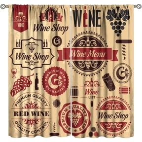 Vintage Red Wine Kitchen Window Curtains, Rustic Wine Labels Blackout Window Drapes, for Bedroom Living Room Cafe 72" W X 63" L