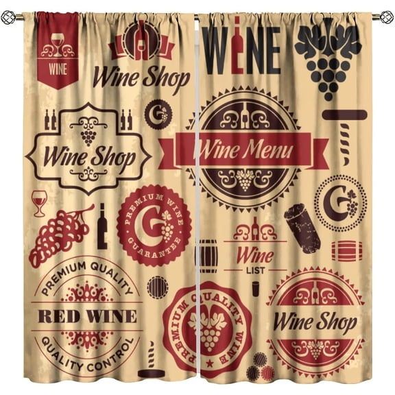 Vintage Red Wine Kitchen Window Curtains, Rustic Wine Labels Blackout Window Drapes, for Bedroom Living Room Cafe 72" W X 63" L