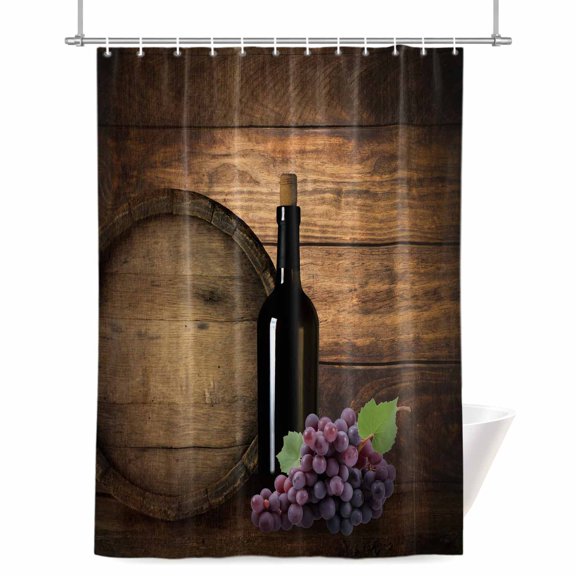 Vintage Red Wine Shower Curtain, Purple Grapes Brown Wood Grain Farms Waterproof Shower Curtain Set with 12 Hooks Lightweight Bath Curtains Fabric Bathroom Decor 36x72 Inches