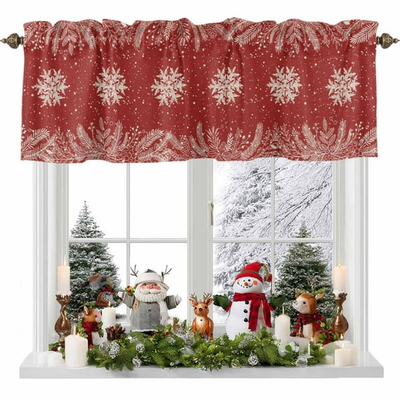 Vintage Red Winter Snowflakes Valances for Windows, 54 x 18in, Plant Pine Branch Minimalist Rod Pocket Kitchen Valance Curtain Light Filtering Window Treatments for Living Room Bedroom, 1 Panel