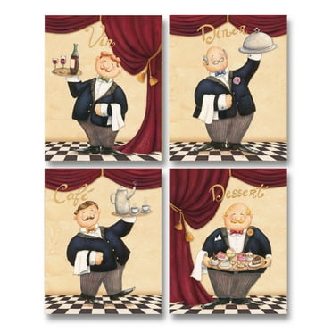 Vintage Red and Black French Waiter Kitchen Adult Decor; 4 - 11" x 14" Unframed Prints