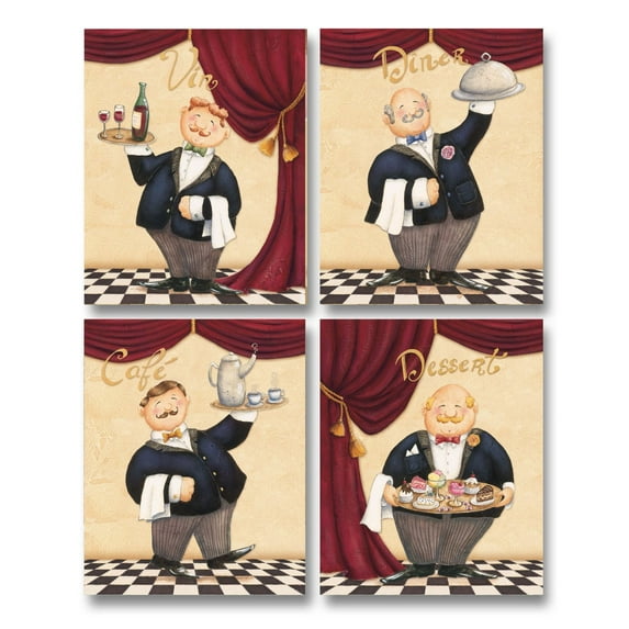Vintage Red and Black French Waiter Kitchen Adult Decor; 4 - 11" x 14" Unframed Prints
