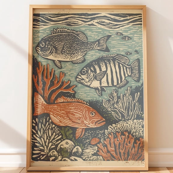 Vintage Reef Fish Retro Native Marine Folk Block Nautical Travel Unframed Paper Print