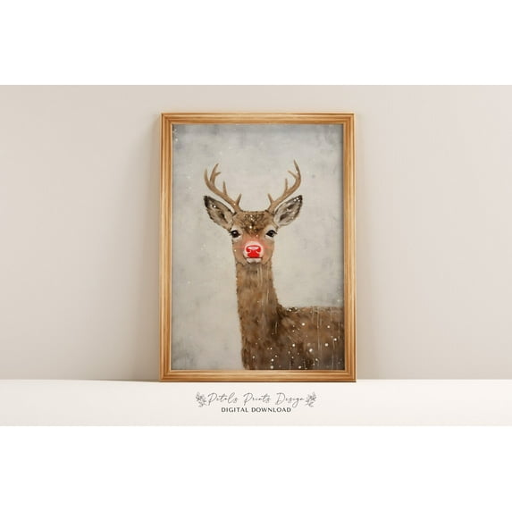 Vintage Reindeer Print, Rustic Winter Wall Decor Home Decor #1746, Stretched Canvas Size 12x18