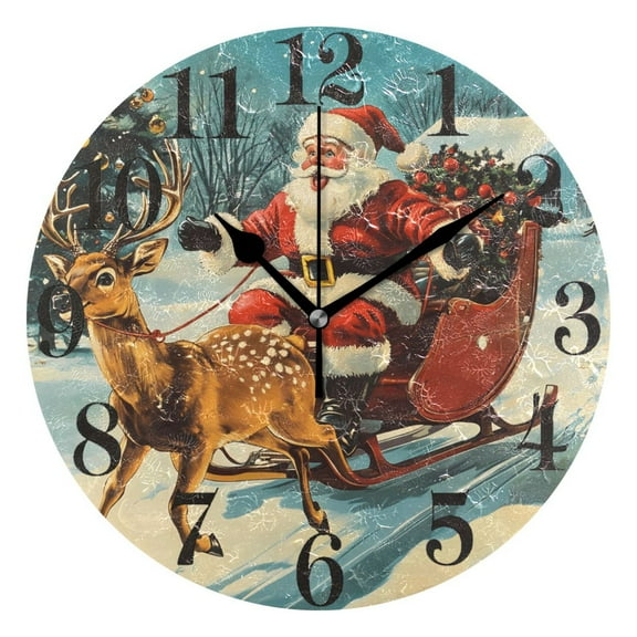 Vintage Reindeer Pull Sleigh Round Wall Clock Battery Operated Silent Non-Ticking Bedroom Office Kitchen Home School Decor 10"(Black)