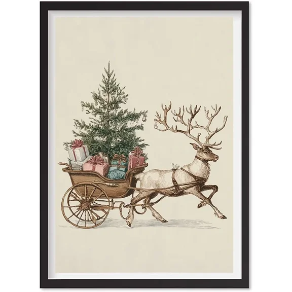 Vintage Reindeer Sleigh Christmas Print, Antique Neutral Holiday Wall Art, Rust, Matte Canvas Stretched, Posters for Room Bedroom Living Room Bathroom Wall Decor, Posters & Art Prints, Gift.