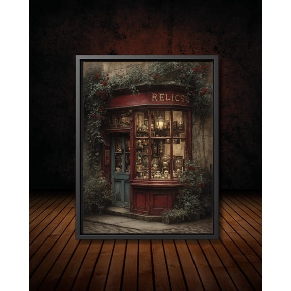 Vintage Relics Store Art Poster, Old Curiosity Shop Street Scene Wall Art, Dark Academia Reading Nook Room Decor, Style, Unframed Poster Size 8x12