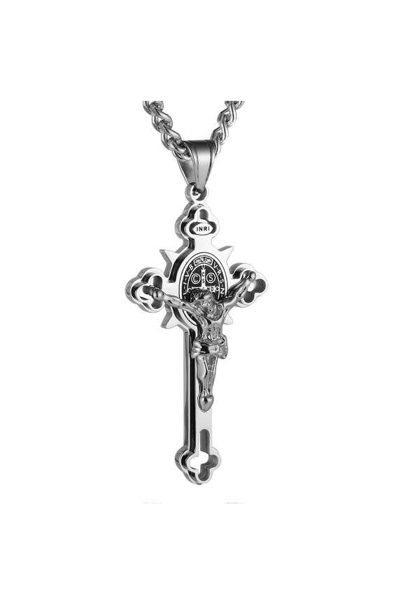 Vintage Religious Stainless Steel Saint Benedict Jesus Crucifix Cross Pendant Necklace Chain for Men Women Charm Jewelry