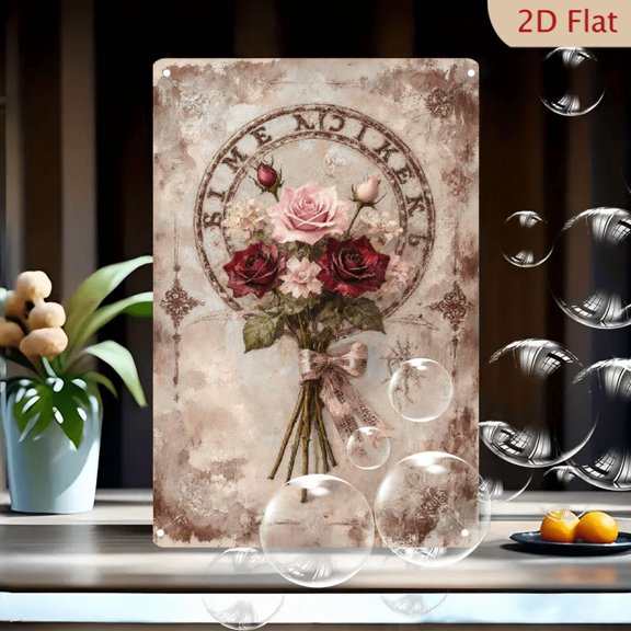 Vintage Remembers Floral Roses Wall Art, 8x12 Inch Metal Tin Sign with Ornate Seal and Pink Ribbon Bouquet, Nostalgic Romantic Home Decor for Kitchen, Bedroom, Cafe