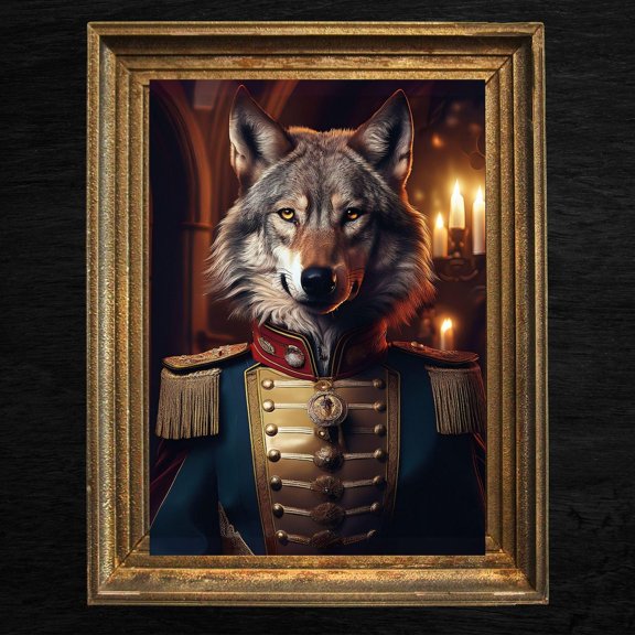 Vintage Renaissance Military Wolf General Portrait, Animal Lover Home Decor Wall Art Print