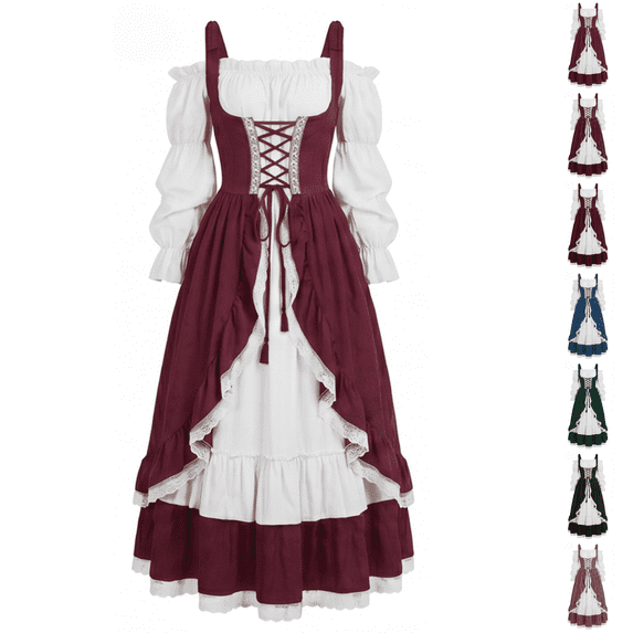 Vintage Renaissance Women Long Dress Lace Corset Bust Tiered Ruffle Hem Off Shoulder Puff Sleeve Dress Wine M