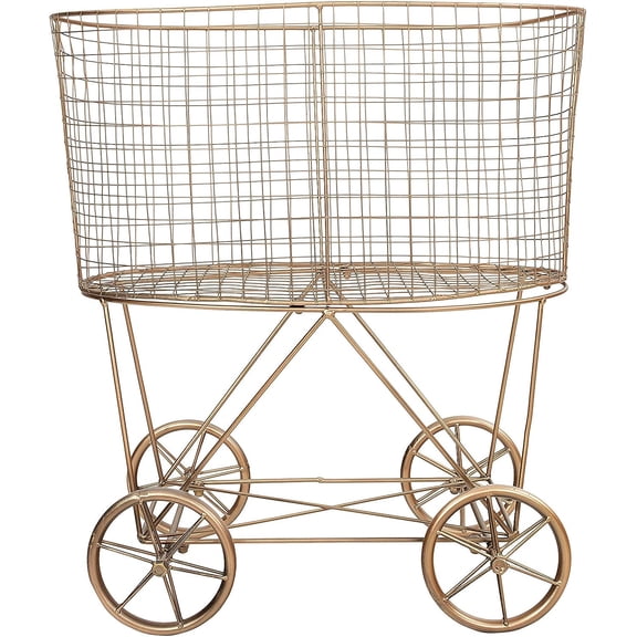 Vintage Reproduction Decorative Metal Laundry Basket on Wheels, Copper