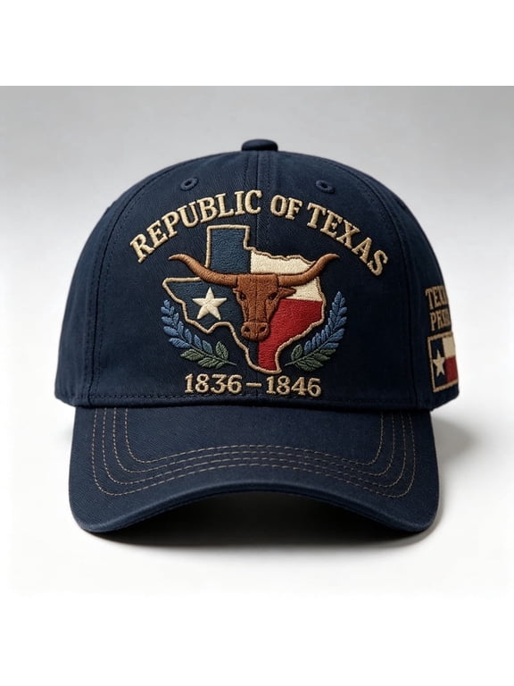 Vintage Republic of Texas baseball cap, featuring a durable embroidered Lone Star governors bull design; an adjustable cotton baseball cap suitable for everyday outdoor wear