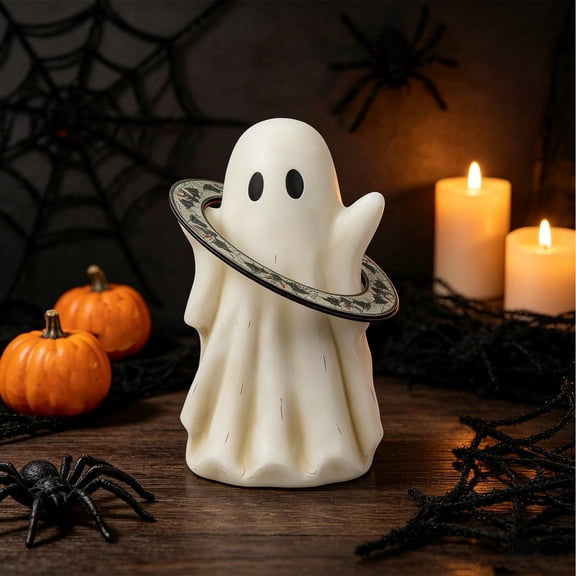 Vintage Resin Ghost Figurine, Hand-Painted Waving Ghost Statue with Decorative Ring, Cute Spooky Tabletop Ornament for Halloween and Gothic Home Decor