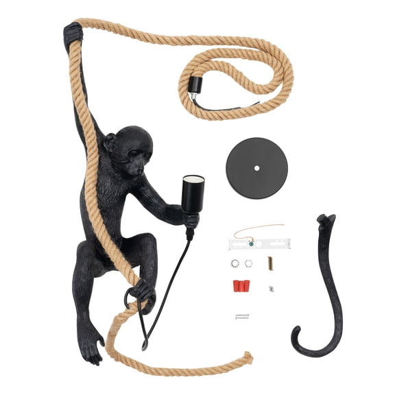 Vintage Resin Hemp Rope Monkey Pendant Light Chandelier Industrial Retro Edison Ceiling Pendant Lamp Fixture E27 for Dining Living Room Bedroom Bar Cafe Decorative Hanging Lamp (Black)