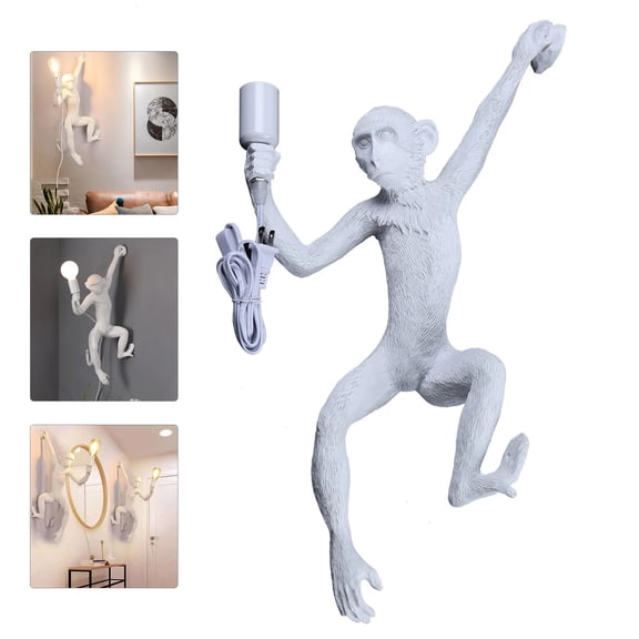 Vintage Resin Hemp Rope Monkey Wall Light, Industrial Retro Wall Lamp Fixture for Dining Living Room Bedroom Bar Cafe Decorative (White)