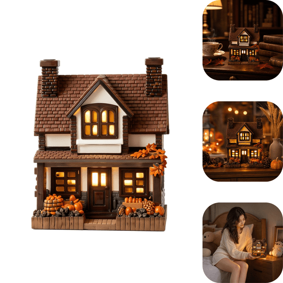 Vintage Resin Light-Up Pumpkin Stone Ghost House, Fall Harvest Cottage, Summerween Decor, Light-Up Pumpkins Cottage for Holiday & Fall Village Scenes Decor A