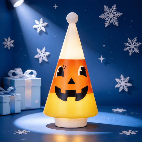 Vintage Resin Lighted Candy Corn Pumpkin Tree Statue 7.8in Battery Operated Ornament for Christmas Party Showcase and Holiday Present